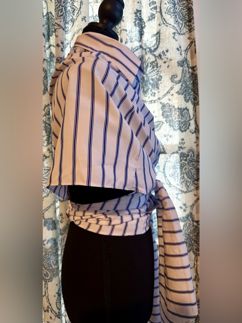Tea n Cup White and Navy Striped Wrap Button-Down Blouse - Picture 2 of 8
